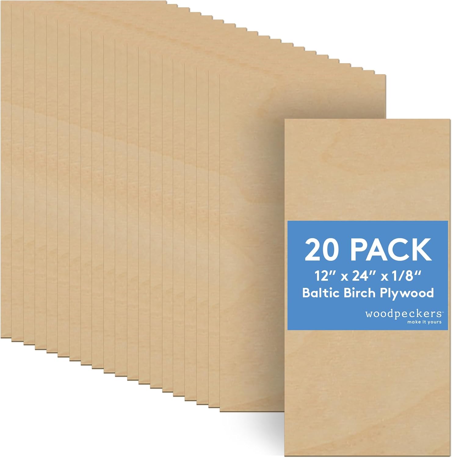 3 mm Baltic Birch Plywood 1/8 x 12 x 24 Inch, Box of 20 B/BB Grade Craft Wood, Stronger Than Basswood Sheets, for Laser, CNC Cutting and Wood Burning, by Woodpeckers
