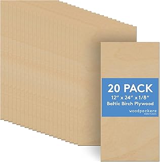3 mm Baltic Birch Plywood 1/8 x 12 x 24 Inch, Box of 20 B/BB Grade Craft Wood, Stronger Than Basswood Sheets, for Laser, CNC Cutting and Wood Burning, by Woodpeckers