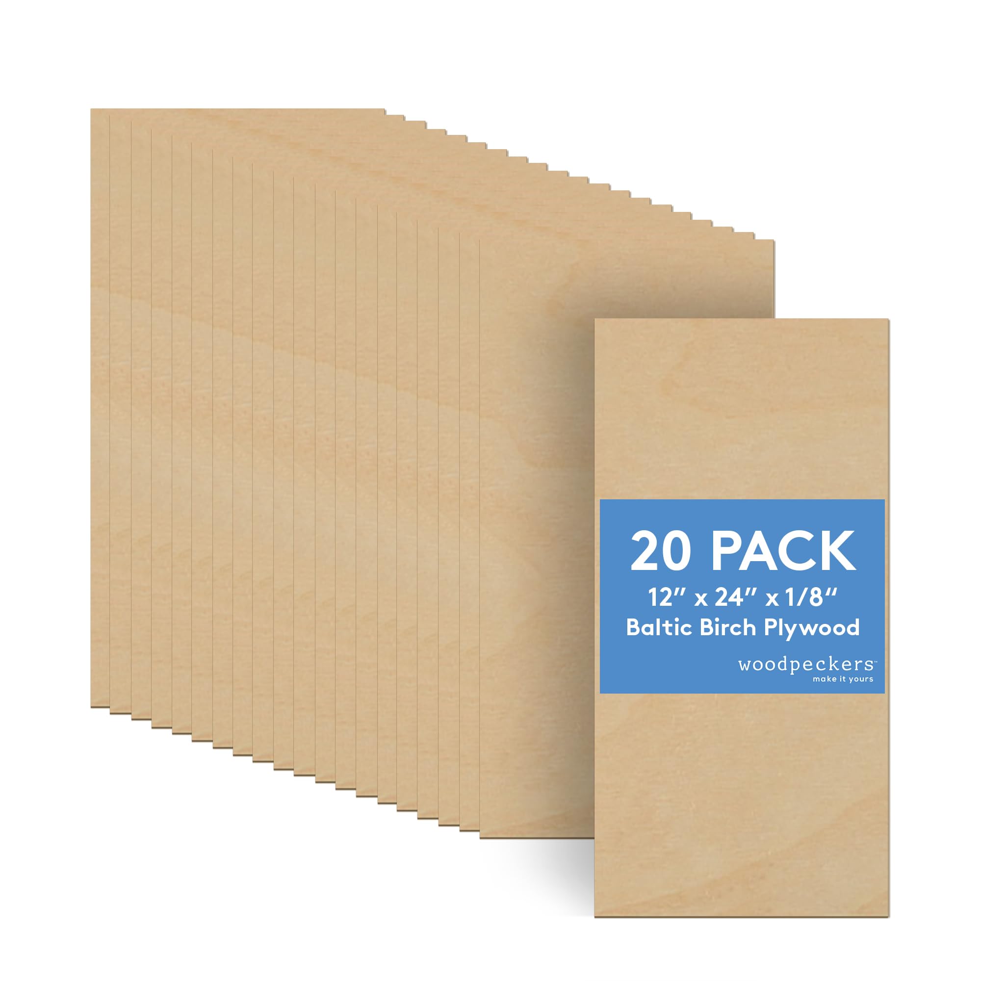 Woodpeckers 3 mm 1/8"x 12"x 24" Premium Baltic Birch Plywood, Box of 20 B/BB Birch Veneer Sheets | Perfect for Laser CNC Cutting and Wood Buring Projects -