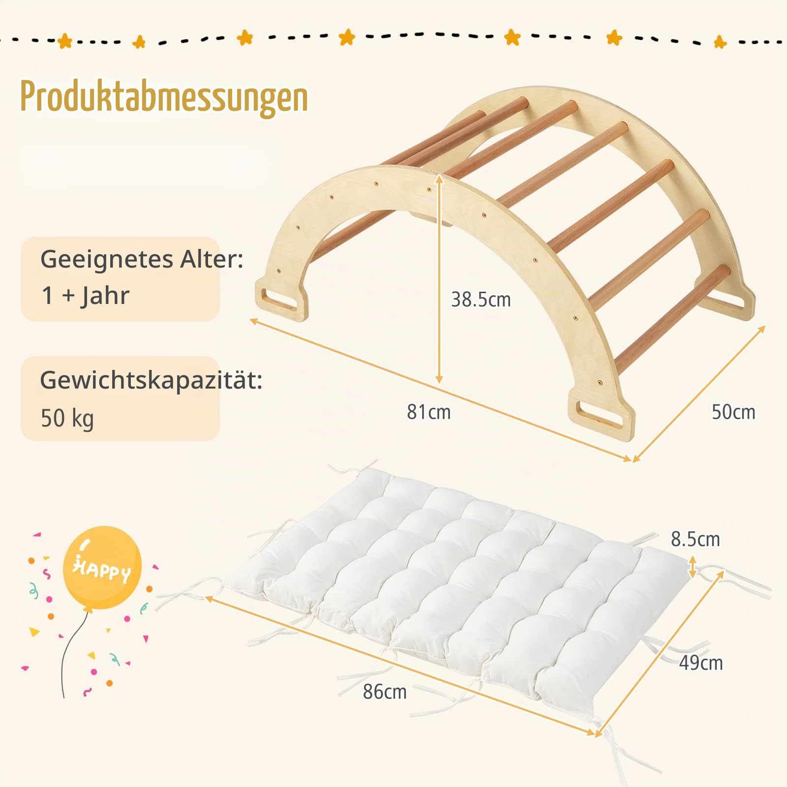 HOMASIS Kletterbogen mit Kissen, Holz Klettergerüst Indoor, Montessori Holzwippe Bogenwippe zum Wippen & Klettern, Picklerdreick Baby, Kletterdreieck Klettergeräte für Kinder ab 3 Jahre (Natur)