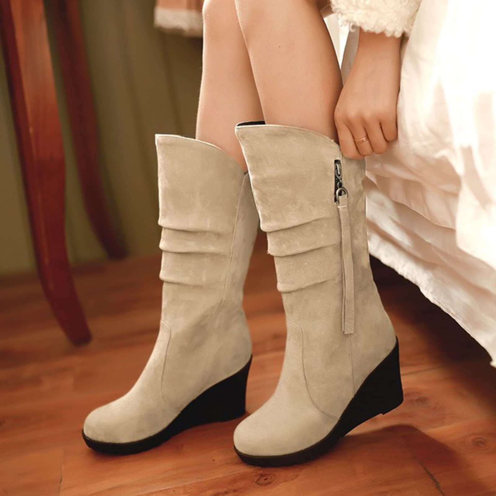 Generisch Botas de equitación de invierno para mujer 2022 Casual Tacón de cuña Frosted Cremallera lateral Decorativa Punta redonda Botas medianas de felpa