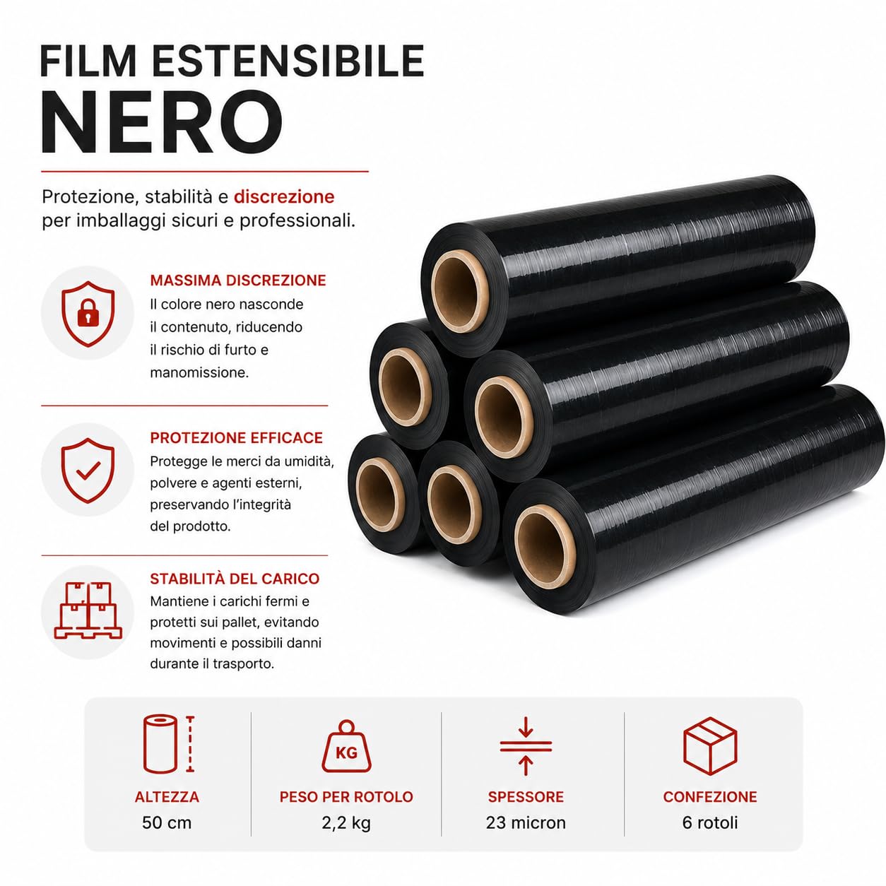 Film Estensibile Manuale per Imballaggio H 50 cm 23 My, Pellicola Estensibile Professionale per Pallet e Spedizioni, Confezione da 6 Rotoli da 2,2 Kg