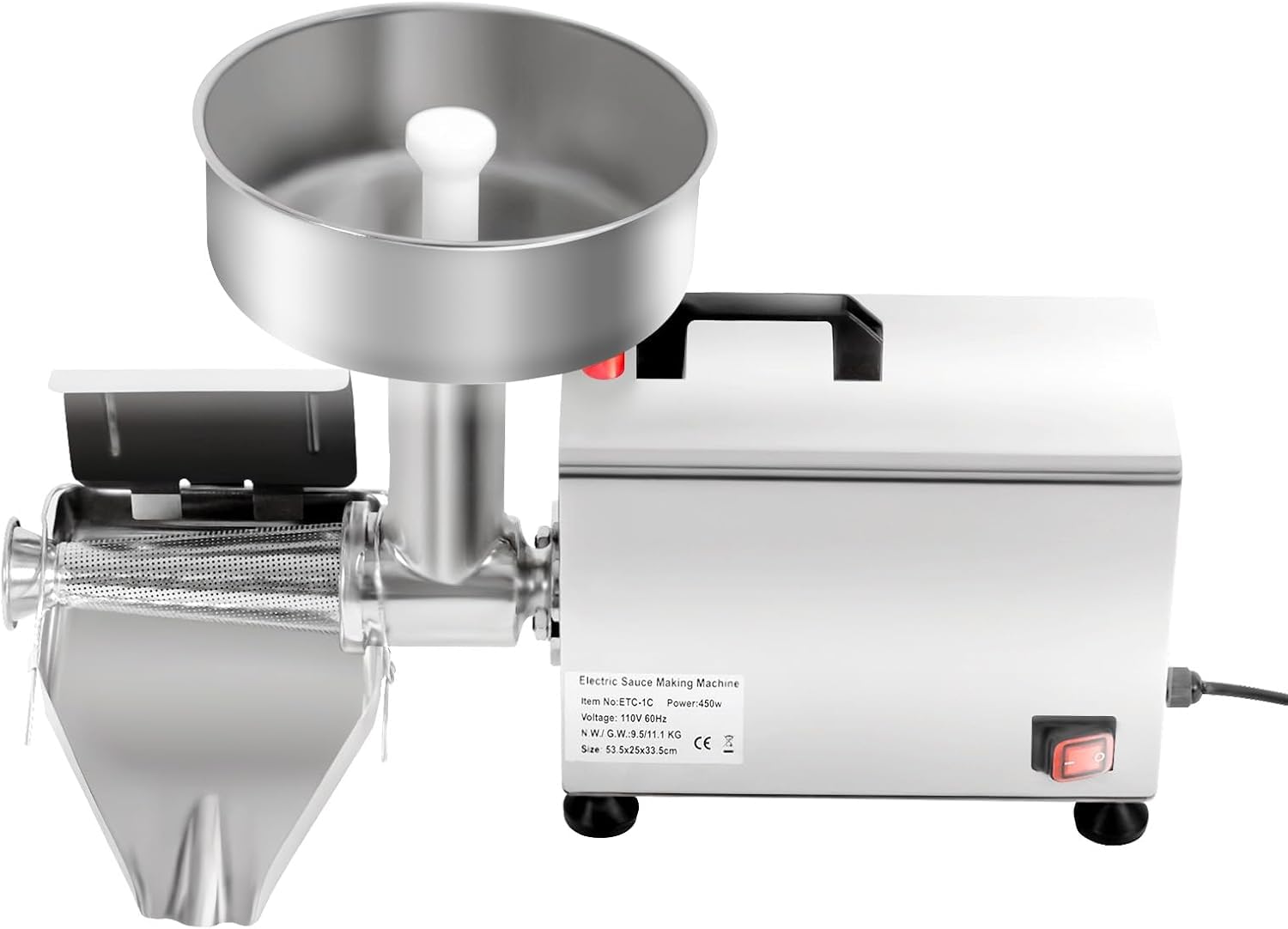 Passaverdure elettrico per pomodori, 450 W, 50 kg, pressa e passaverdure in acciaio inox con motore in rame puro, ideale per preparare salse professionali.