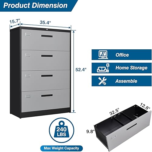 Vista 47 de Archivador de metal con cajón, archivador lateral vertical con cerradura, archivador con gabinete de almacenamiento para oficina en casa, gabinete