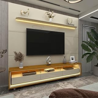 Rack com Painel para Tv até 85 Polegadas Led 3 Gavetas com Rodízios 220cm Royal/requinte Off White/naturale-off White