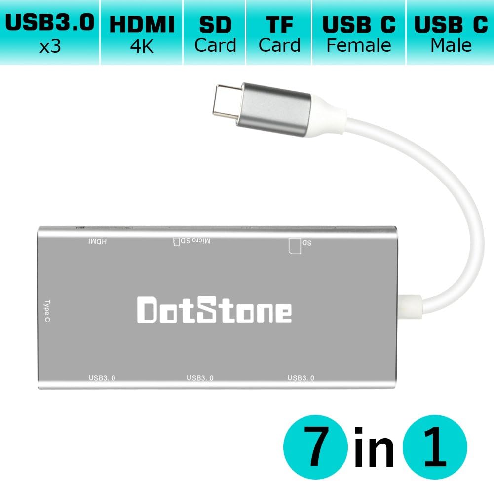 DotStone USB C Hub 7 in 1 USB C Adapter with 3 USB 3.0 Ports SD/TF Card Reader Slot 4K HDMI Output and Type-C Fast-Charging Port for Mackbook Pro 2016/2018 Dell XPS and More Type-c Devices