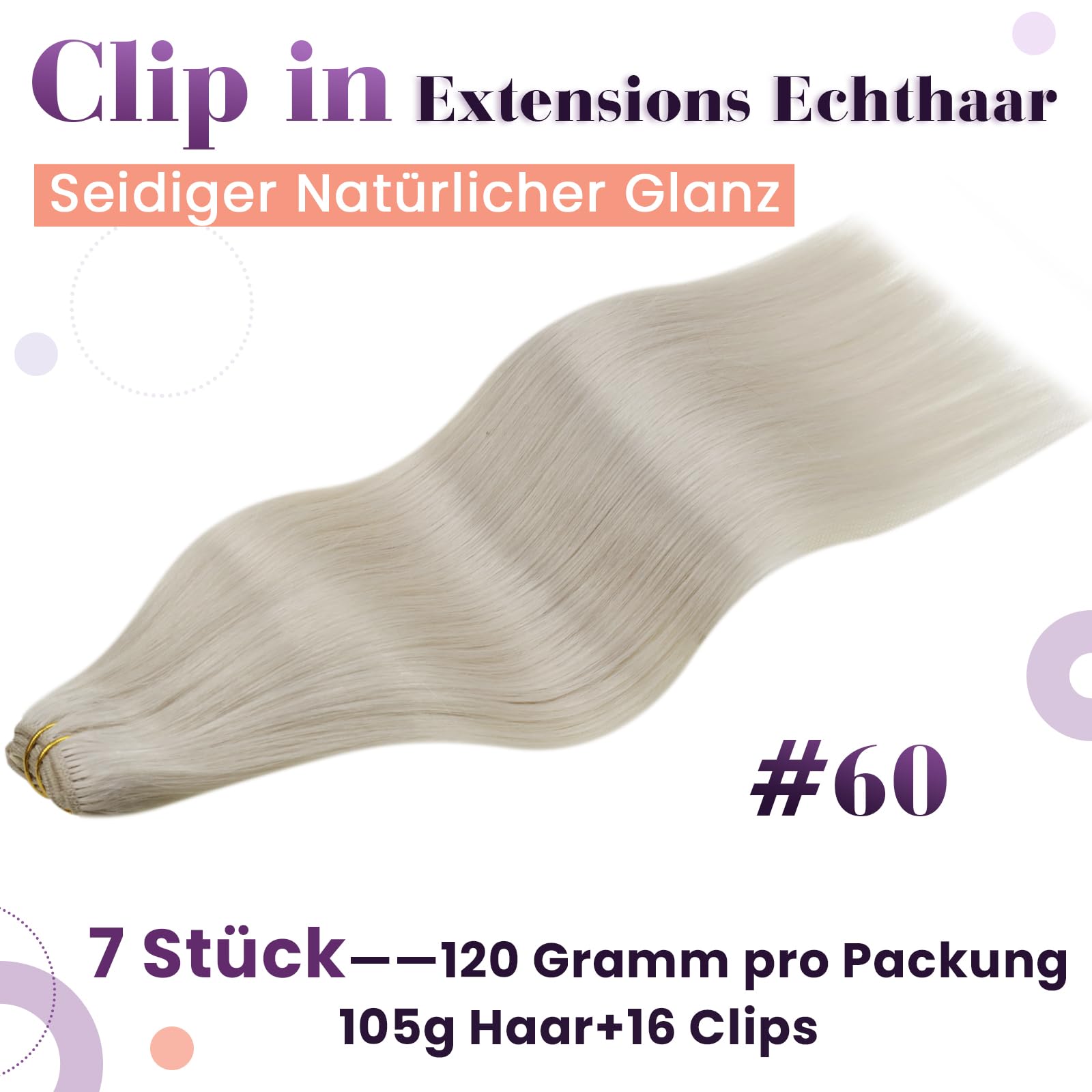 LaaVoo Clip in Extensions Echthaar Platinblond Echthaar Extensions Clip Doppelt Tressen Haarverlängerung Echthaar Clip in Extensions Remy Human Hair Glatt Full Head #60 50cm 7PCS 105g