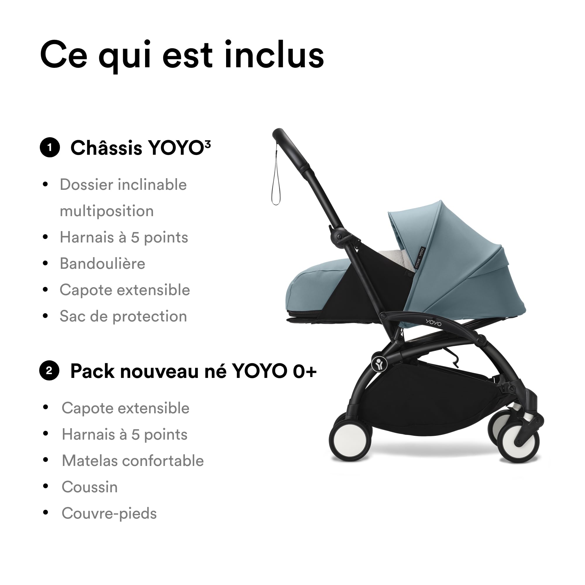 Stokke YOYO3 châssis (Noir) avec Pack nouveau-né YOYO 0+ (Aqua) - Comprend un matelas, un harnais à cinq points, une capote extensible, bandoulière rembourrée, et housse de protection