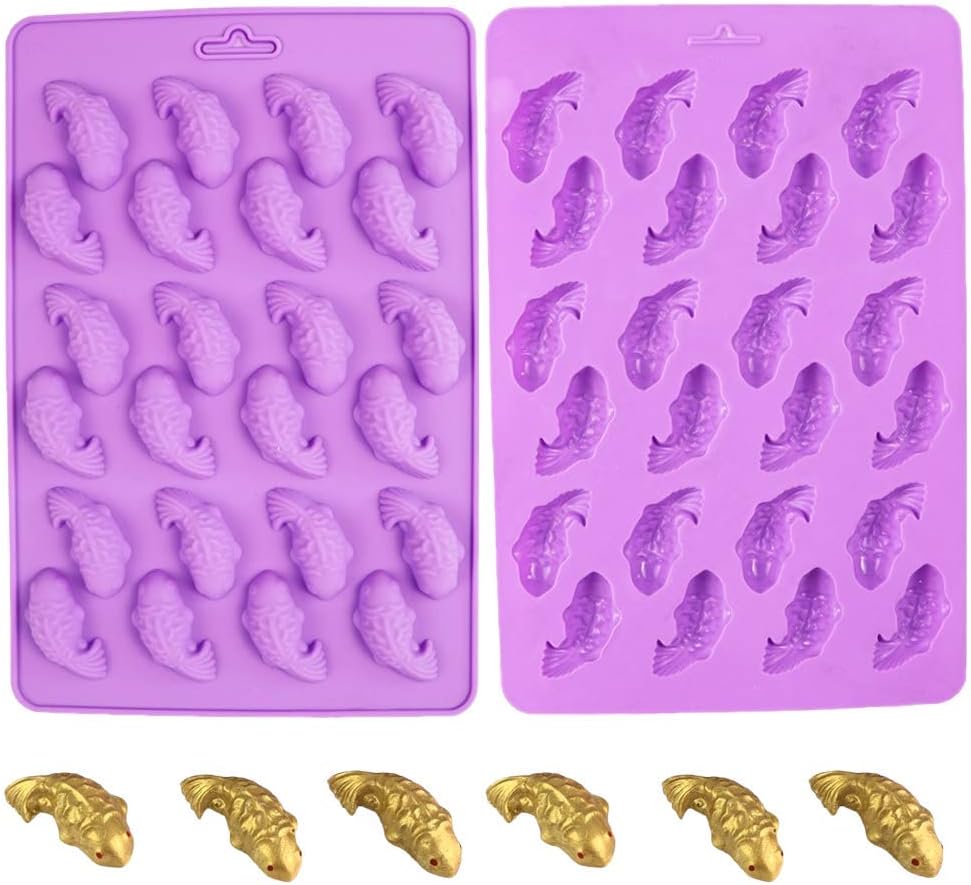 2Pcs 24-Cavity Koi Fish Carp Silicone Chocolate Molds, Goldfish Silicone Hard Candy Gummy Keto Fat Bombs Making Molds Ice Cube Trays Crayon Melt Mould
