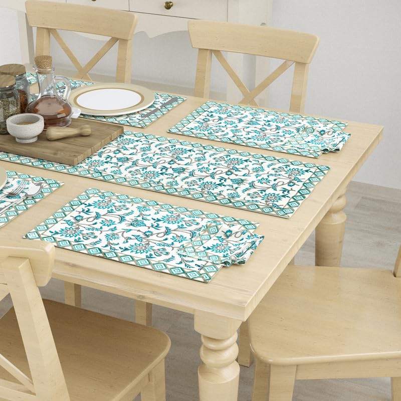 Image of BLOCKS OF INDIA Hand Block Printed Cotton Table Runner, Mat and Napkin Set for Center /Dining Table (Turq JAAL), 13 Pc Set