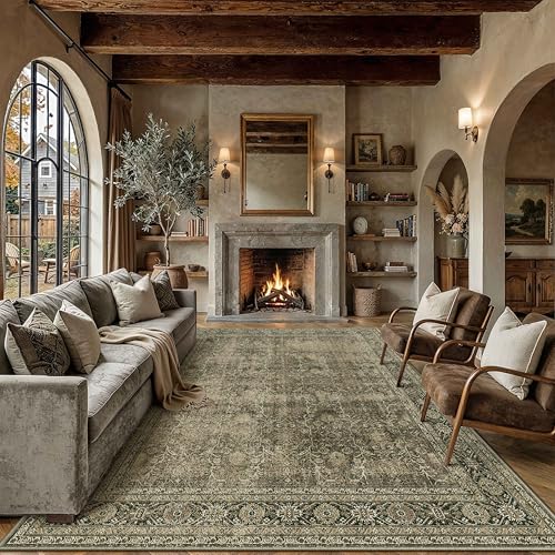 Vintage Area Rug 9x12 Light Brown Washable Living Room Large Bedroom Indoor Carpet Tribal Distressed Retro Accent Throw Rug for Office Dining Room 9'