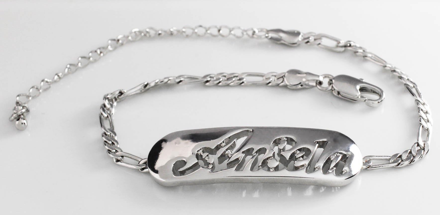 Zacria Name Bracelet Angela - White Gold Plated 18ct Personalised Bracelet. 10" Figaro Chain with Gift Box and Gift Bag. 2mm Thick Nameplate.