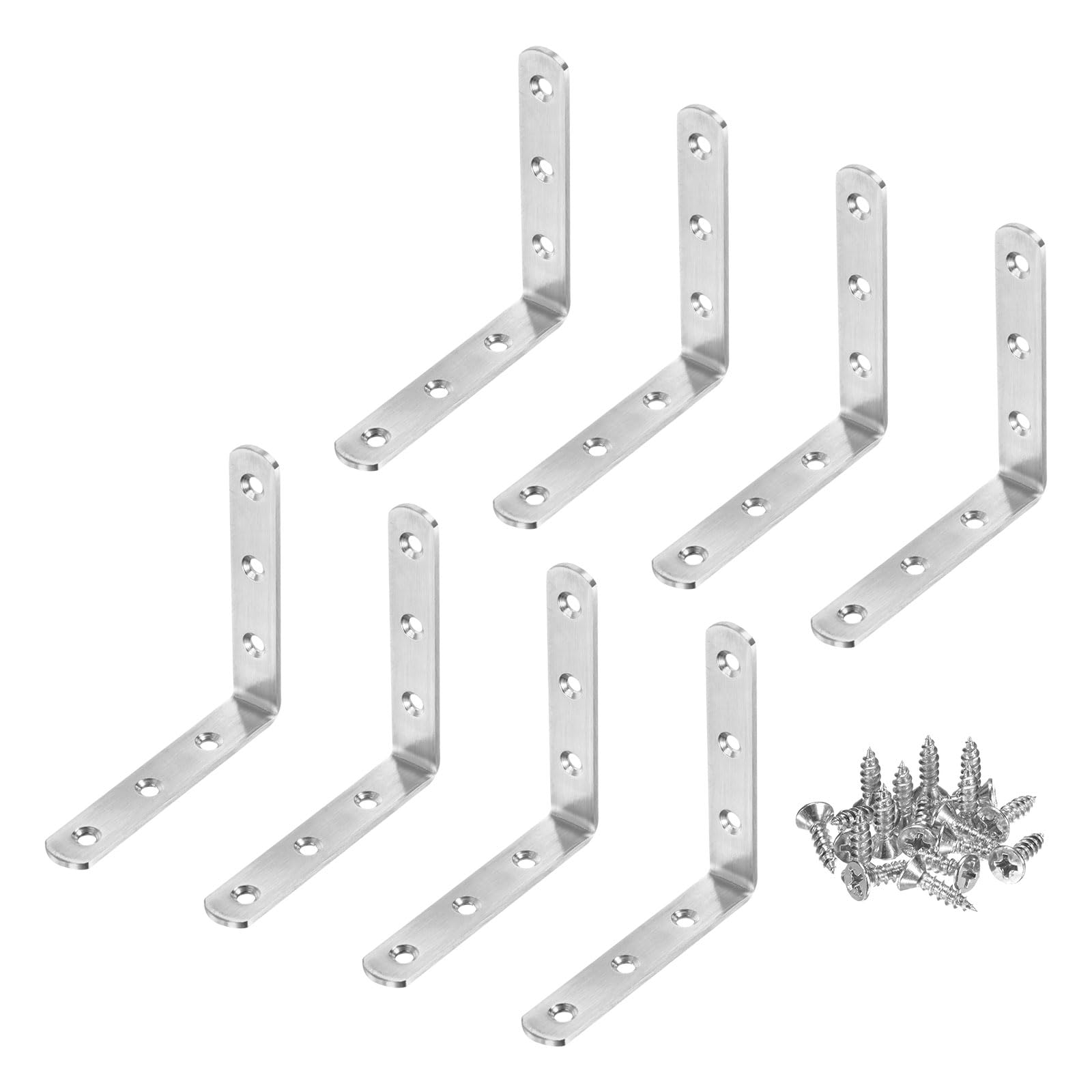 M METERXITY Confezione da 8 staffe angolari a L, 9,94 x 3,94 x 0,75 cm, in acciaio inox, ad angolo retto di 90 gradi, con viti, per mobili in legno, scaffali, tavoli, cassettiere, cassettiere [argento