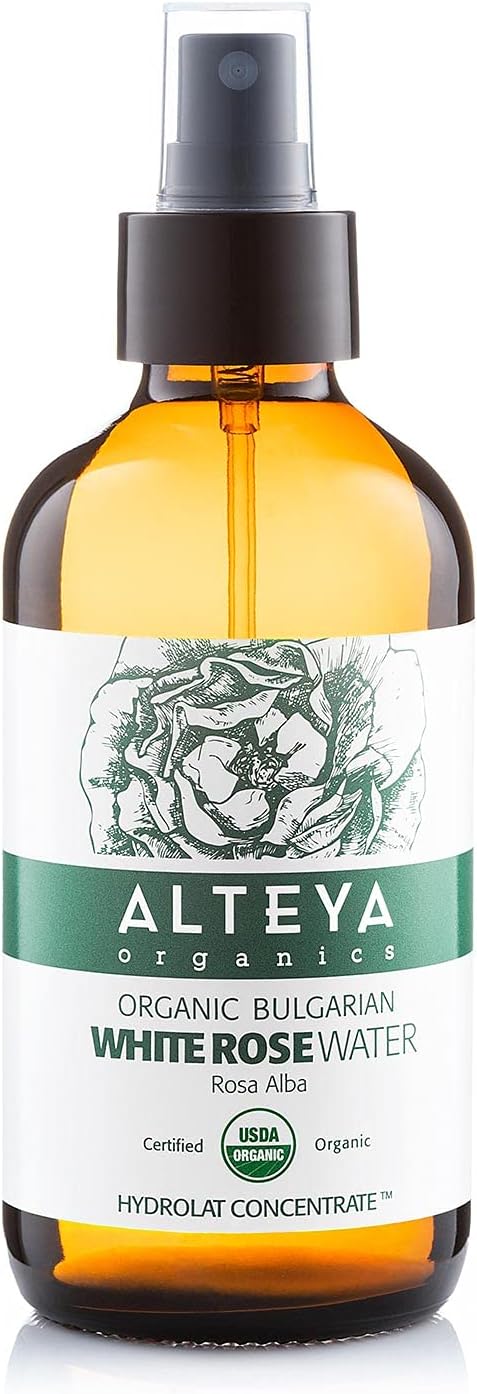 Alteya Organic White Rose Water Spray 240ml Glass - Pure Organic Rosa Alba Hydrolat - USDA Certified Organic - Sensitive Skin - Face Toner, Revitalizing Body, Condition Hair & Scalp