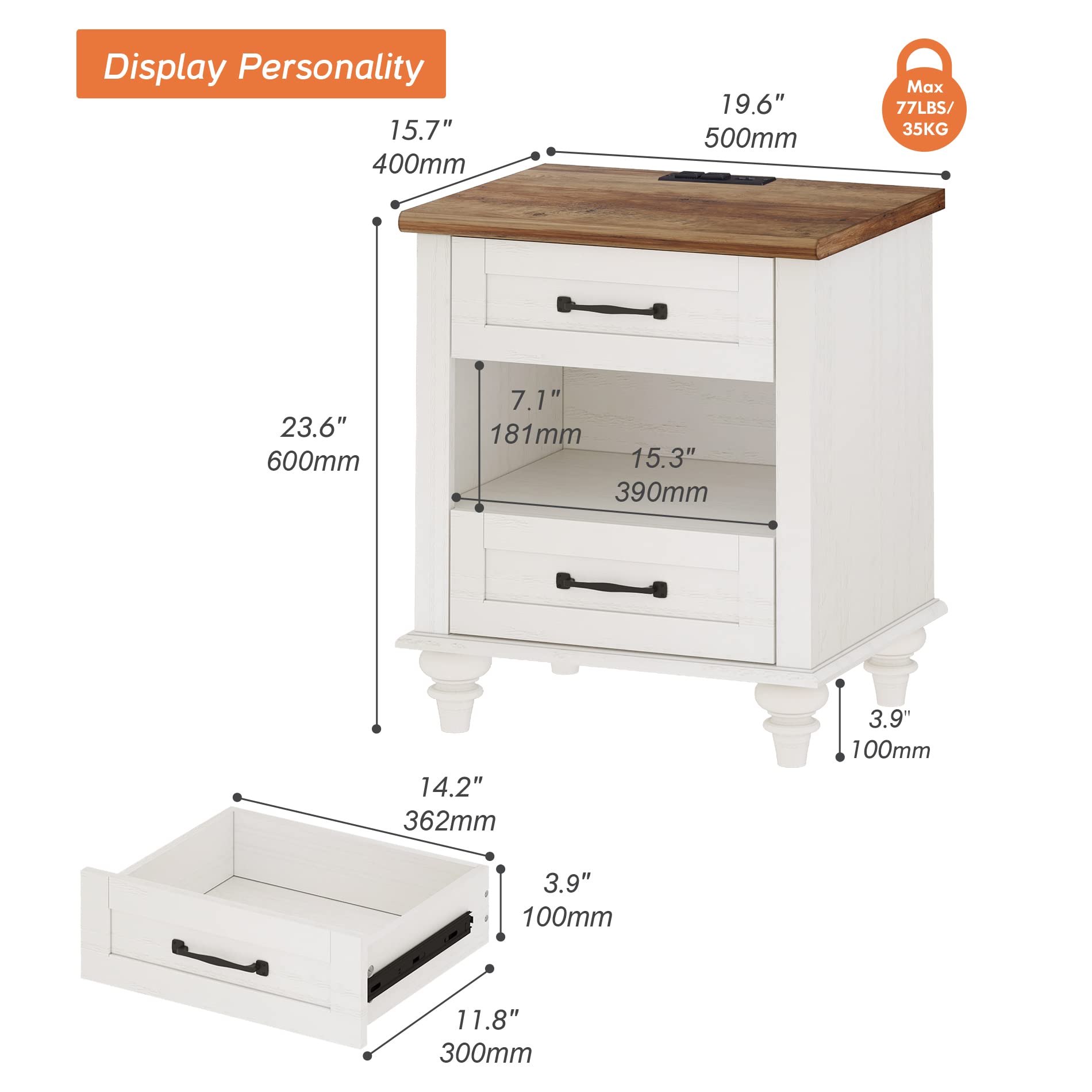 WAMPAT White Night Stand with Charging Station, Wooden End Table with 2 Power Outlets & 2 USB Ports, Mid Century Modern Side Table Bedside Table with 2 Drawers for Bedroom & Living Room, Off White