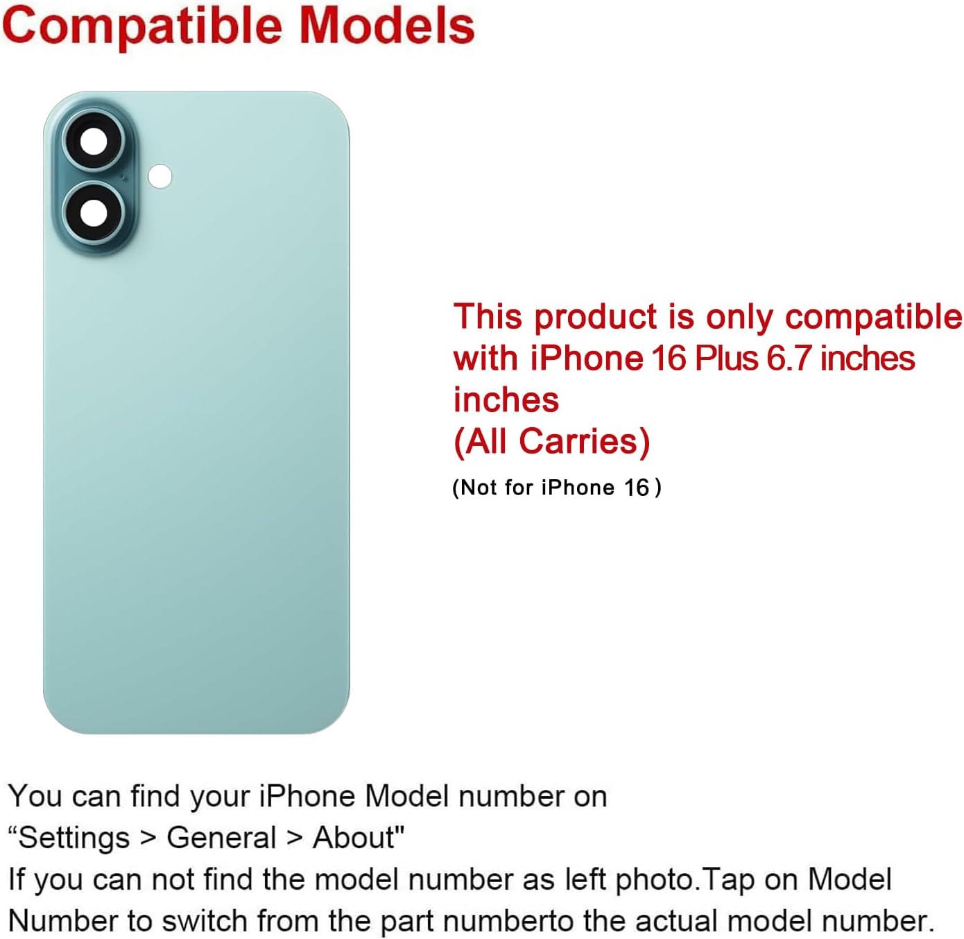 Back Glass Replacement for iPhone 16 Plus 6.7-inches with + Pre-Installed Plate and Camera Frame and Lens + Reparing Toolkit (Teal)