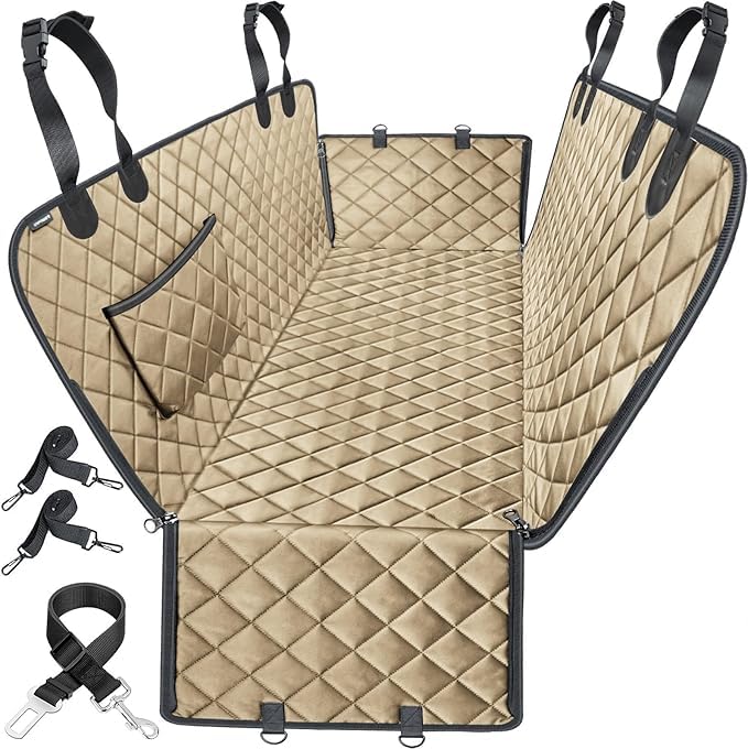 Image of Dog Seat Cover Car Seat Cover for Pets 100% Waterproof Pet Seat Cover Hammock 600D Heavy Duty Scratch Proof Nonslip Durable Soft Pet Back Seat Covers for Cars Trucks and SUVs (Beige, Normal)
