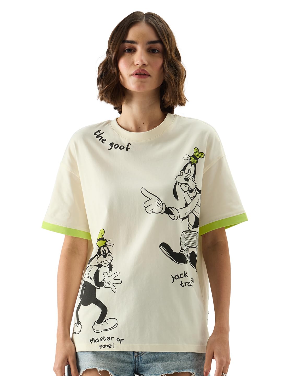 The Souled Store T-shirt ufficiale Disney 100 The Goofy da donna e ragazza girocollo a maniche corte con stampa grafica bianca oversize