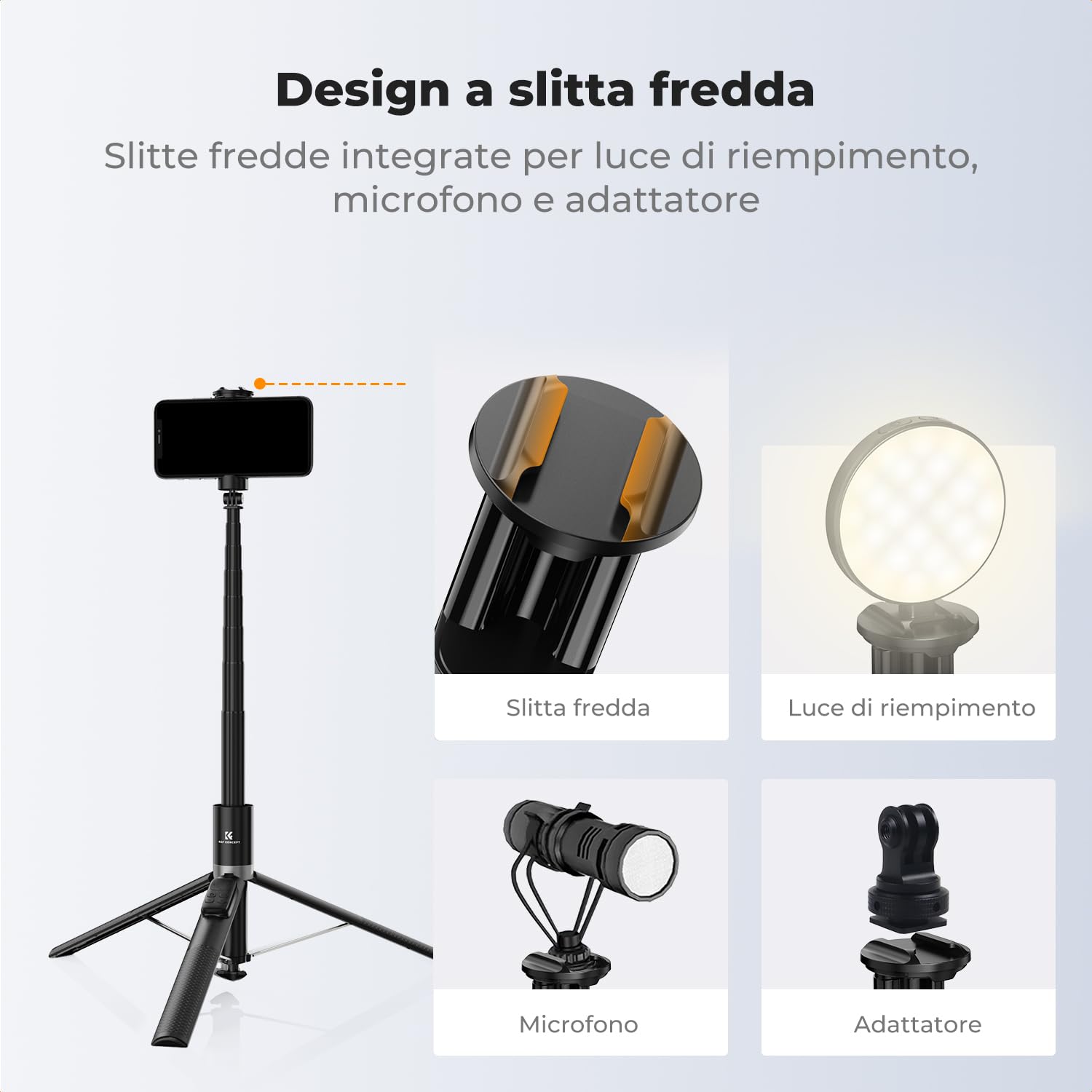 K&F CONCEPT 1,72M Treppiede Bastone Selfie Alluminio Con Luce LED | Apertura Rapida, Telecomando Bluetooth Batteria 600mAh, Compatibile con iPhone/Smartphone Android -X96
