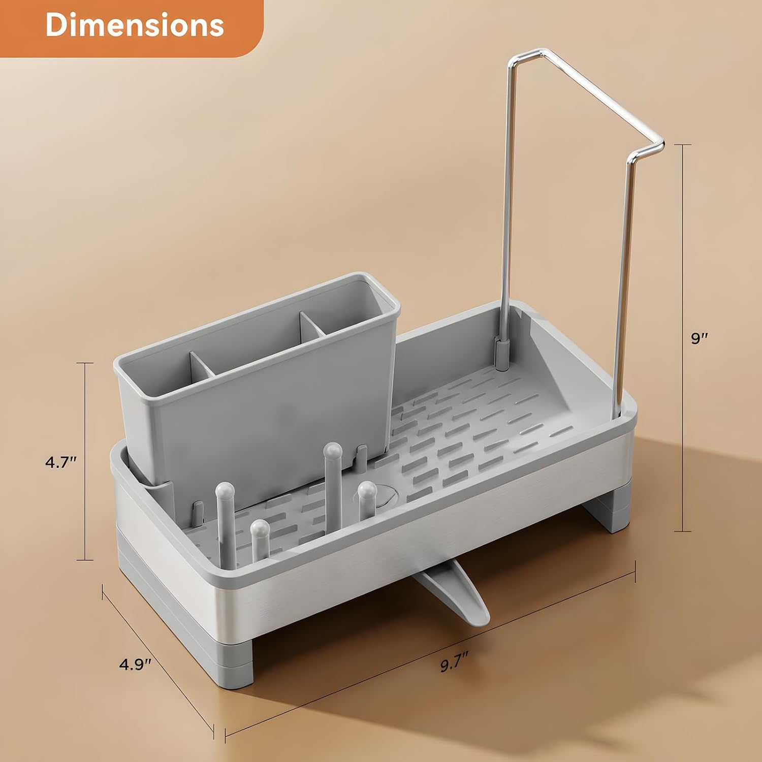 Laveshop Sponge Holder for Kitchen Sink, Rustproof Stainless Steel Sink Caddy with Auto-Drain, Removable Brush Holders, Soap and Dishcloth Organizer, Gray