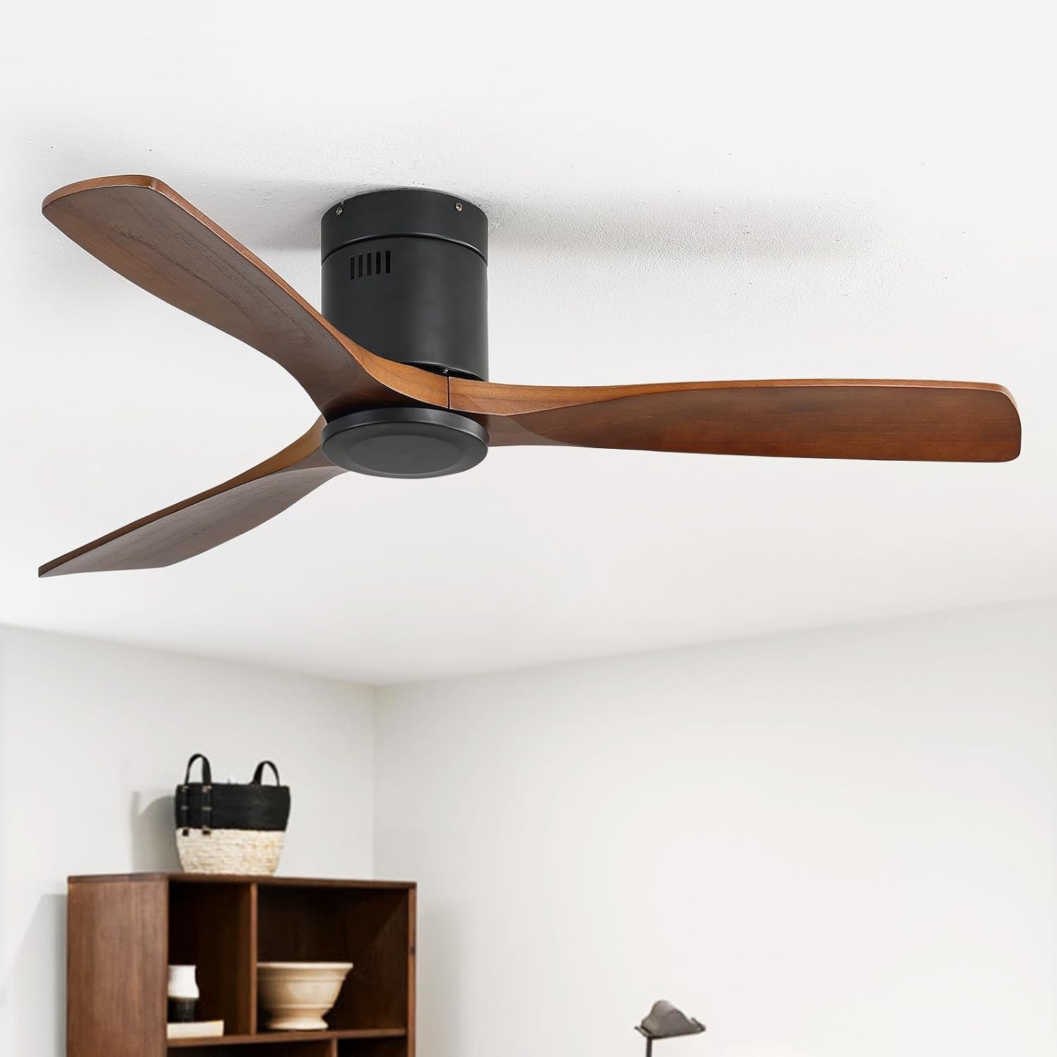 CACI Mall Ceiling Fan No Light, 52 Inch Low Profile Flush Mount Modern Wood Ceiling Fan with Remote, Reversible Quiet DC Motor, Suitable for Bedroom Living Room Patio Farmhouse Indoor/Outdoor