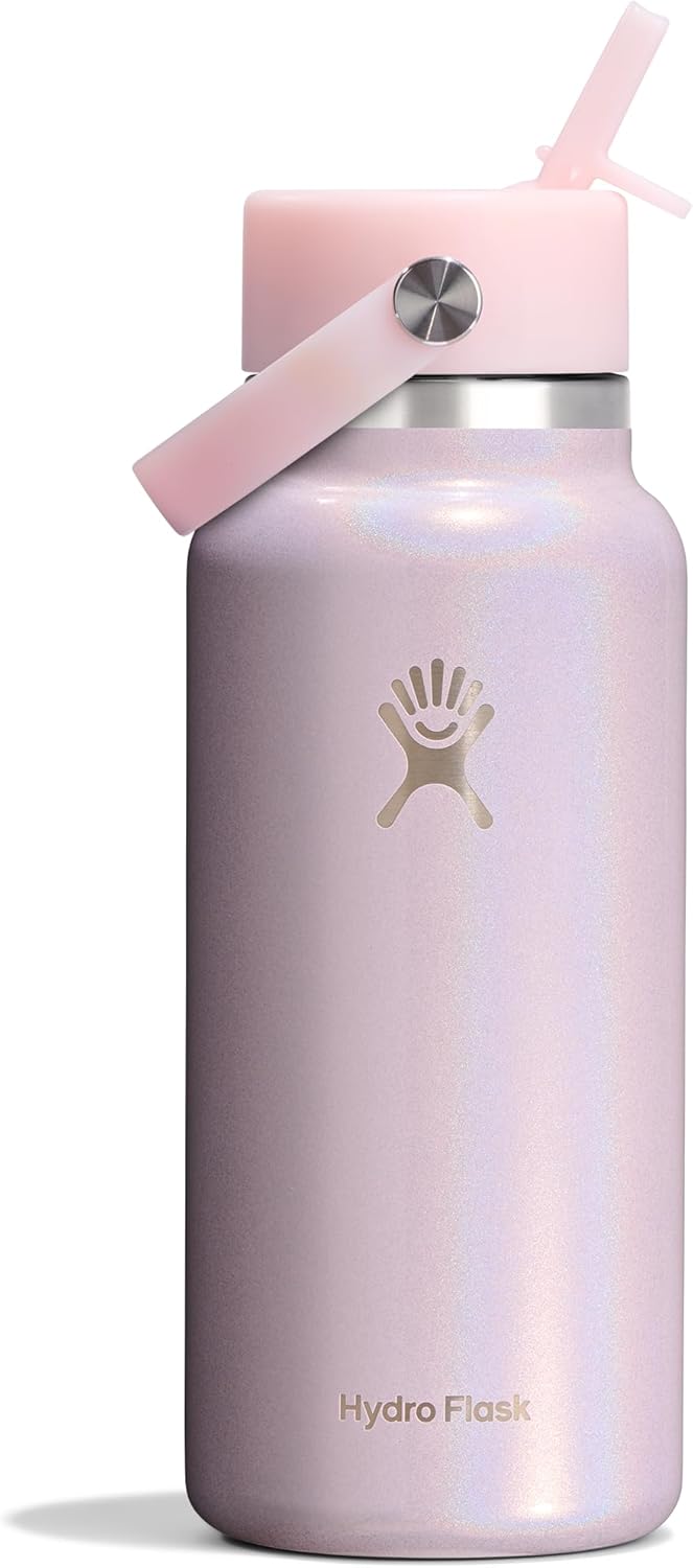 Hydro Flask 32 oz Wide Mouth Water Bottle with Flex Straw Lid - Insulated Stainless Steel, Leakproof, 24 Hours Cold, Glimmer Pink