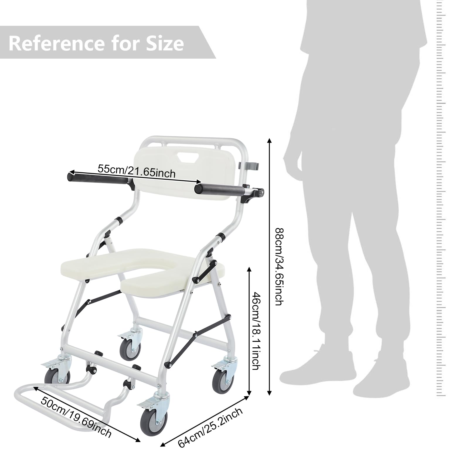 Silla de ducha plegable con ruedas de freno, silla de ducha 3 en 1