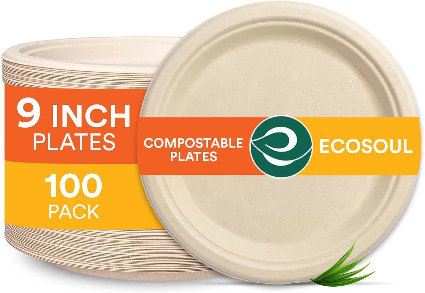 ECO SOUL 100 Compostable 9 Inch Paper Plates [100Pack] Disposable