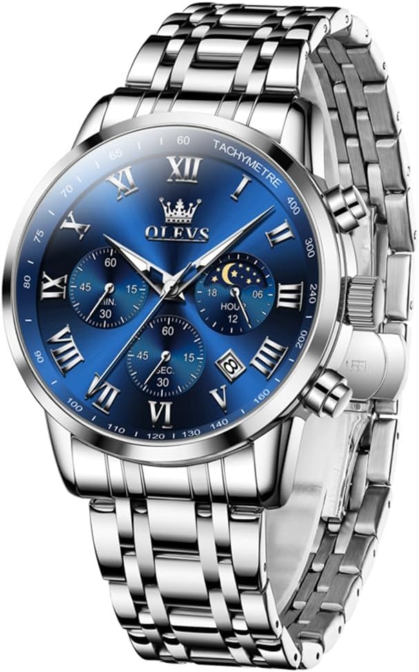 OLEVS Mens Stainless Steel Chronograph Watch, Big Face Roman Numerals Date Analog Quartz Dress Watches for Men, Fashion Multifunctional Waterproof Luminous Hands Men's Wristwatch