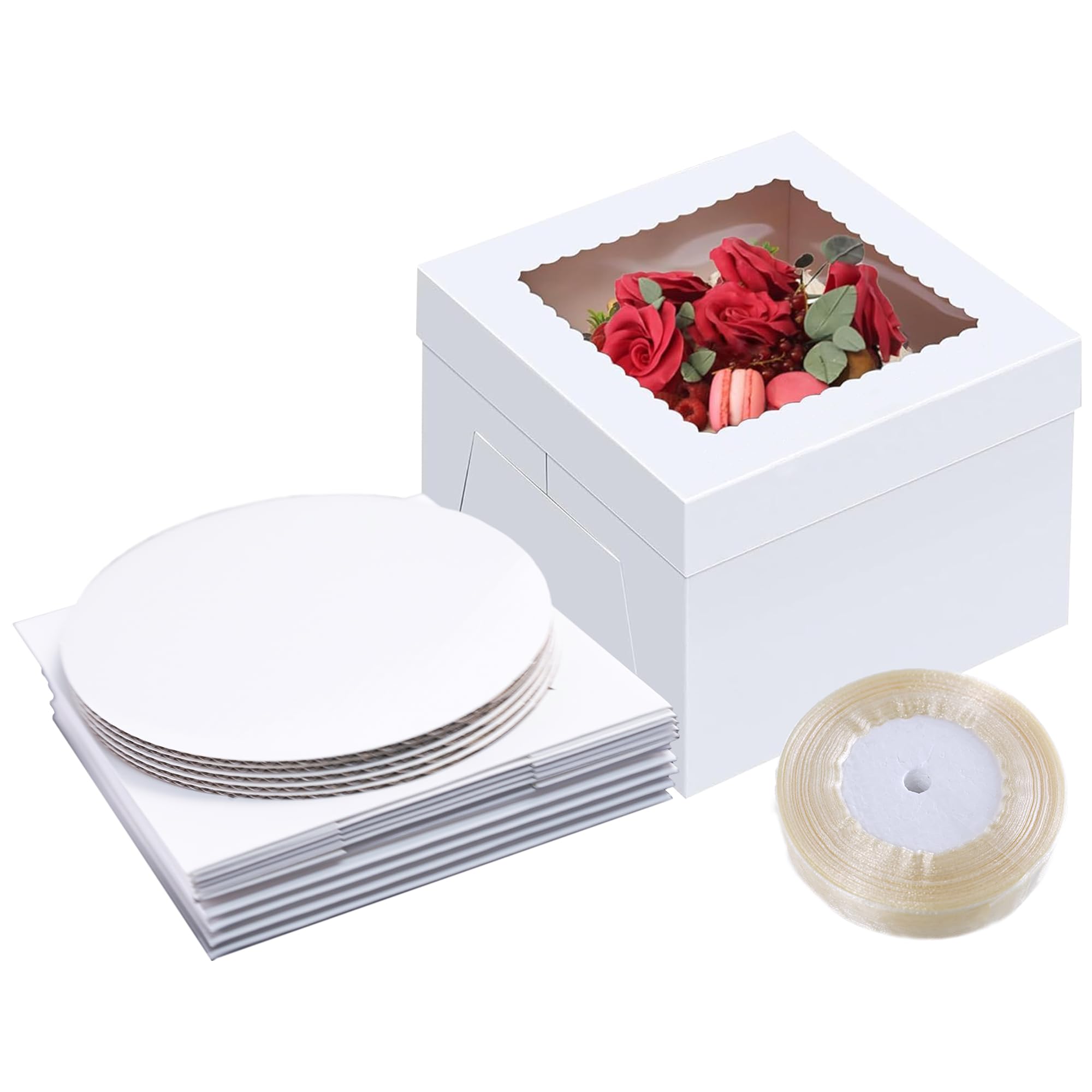 5 Sets Kuchenschachteln mit Karton - Kuchenschachtel-Set (5 Schachteln + 45 m Verpackungsband) - weiße Kuchenschachtel mit Fenster, 20 cm x 20cm x 20 cm - geeignet für Kuchen- und Dessertverpackungen