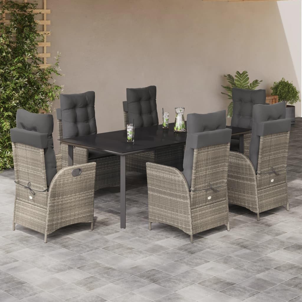 Set da pranzo da giardino, 7 pezzi, grigio chiaro, polyrattan, sedie regolabili, tavolo da 200 x 100 cm, zona pranzo all'aperto con cuscino, resistente ai raggi UV, facile da pulire