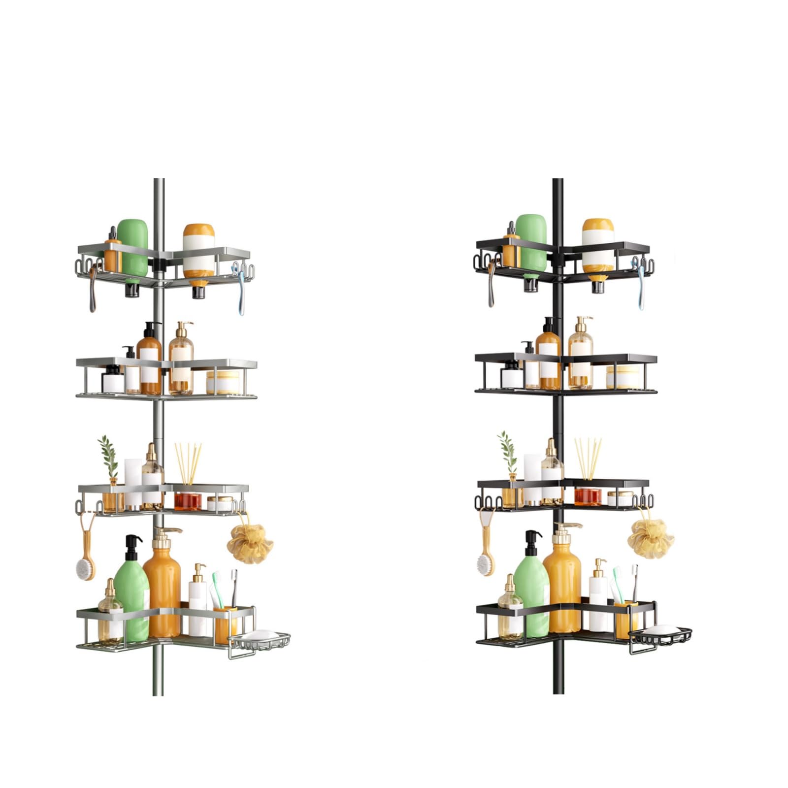 HAMITOR Shower Caddy Tension Pole 4-Tier Corner Rustproof Bathroom Organizer with Soap Holder Hooks - No-Drill Adjustable Shower