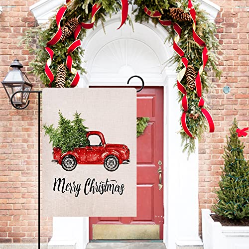 Dyrenson Decorative Merry Christmas Garden Flag Vintage Tree, Home Xmas Quote House Yard Flag With Red Truck, Rustic Winter Garden Yard Decorations, New Year Seasonal Outdoor Flag 12 X 18 Holiday #TOP6