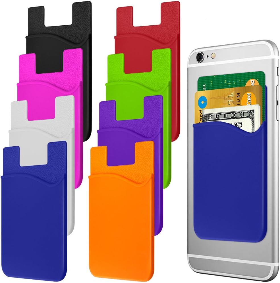 Cellphone Card Holder Back Wallet, JINYEXUAN 8 pcs Colorful Silicone Adhesive Stick-on Credit Card ID Card Keeper with 2 Hang Ropes
