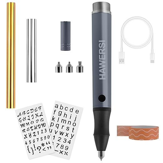 HAWERSI Kit inicial de caneta de folha quente sem fio, ferramenta de pena de alumínio com folhas de estêncil, 4 pontas de metal (fina, padrão, negrito e plana), rolos em ouro, prata e fita de
