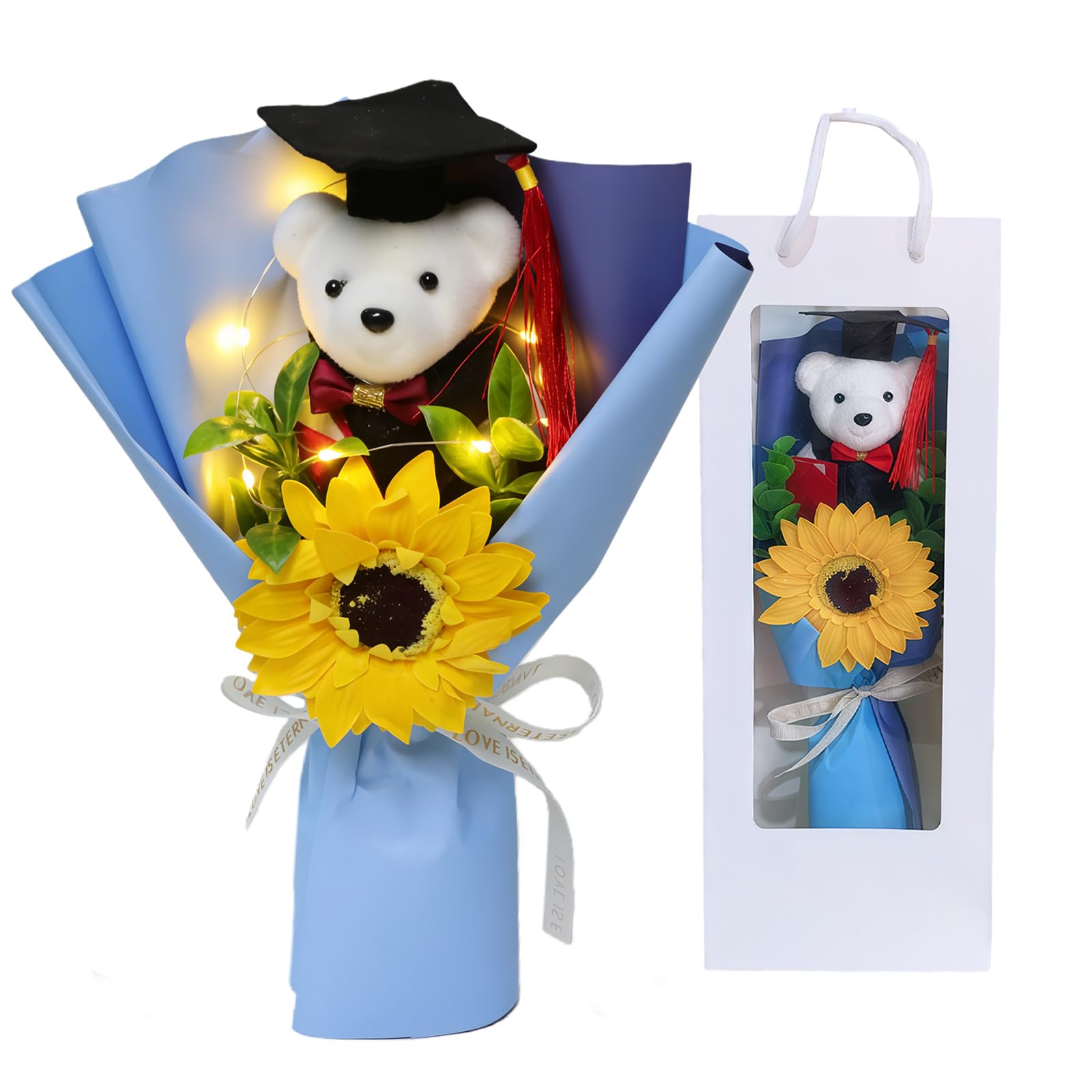 AWSOLAR Graduation Bear Bouquet, Graduation Bouquet with Sunflower Artificial Flowers for Celebration Ceremony — image 1