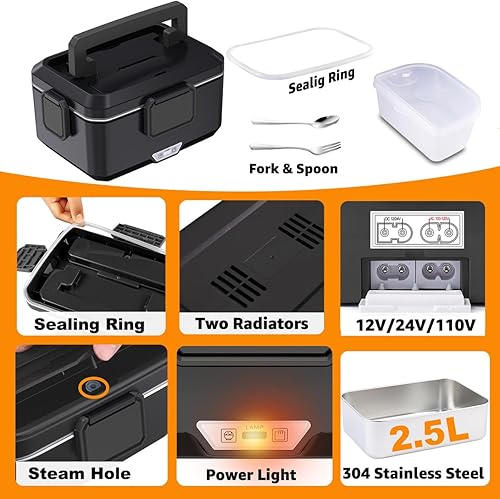 Miniatura 6 de Nifogo Fiambrera eléctrica para adultos, 2.5 L, 80 W, portátil, calentada, para hombres, calentador de alimentos portátil 3 en 1, 110 V12 V24 V,