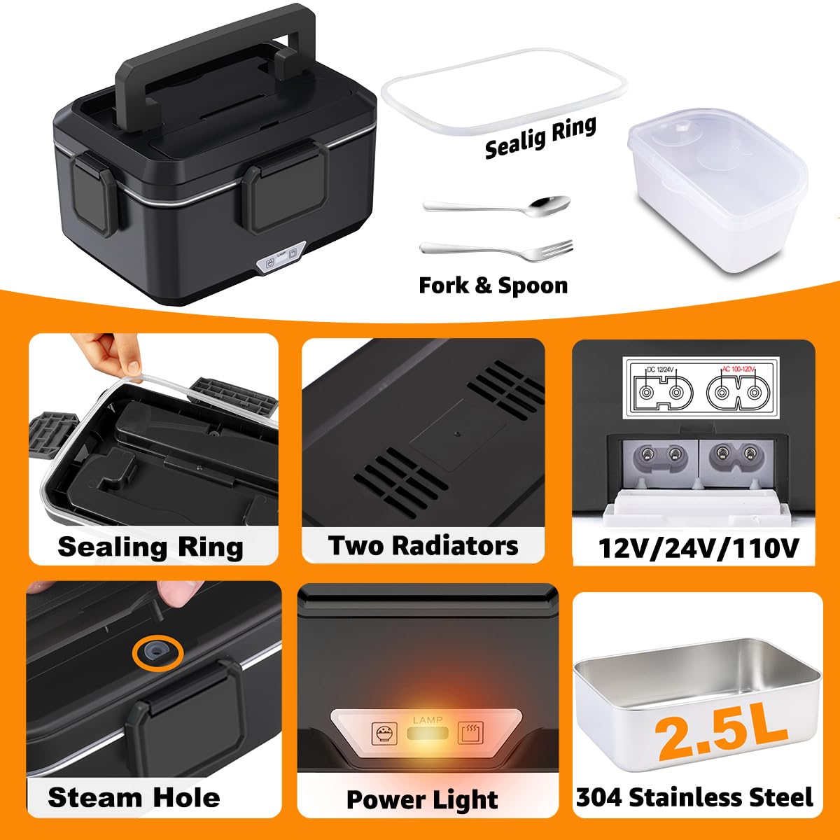 Nifogo Fiambrera eléctrica para adultos, 2,5 L, 80 W, calentador portátil de alimentos 3 en 1, 110 V/12 V/24 V, recipiente extraíble de acero inoxidable y bolsa grande (2,5 l, negro)