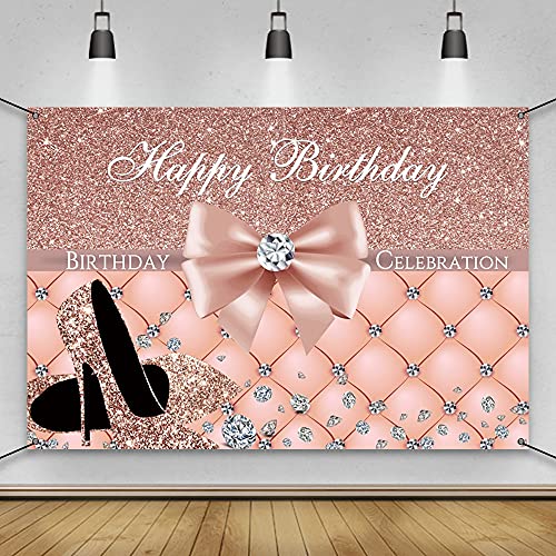 Awert Polyester 6X3.6Ft Happy Birthday Banner Glitter High Heels Diamonds Bowknot Rose Gold Sign Poster For Birthday Backdrop For Women Girls Birthday Party Decorations Banner #TOP1