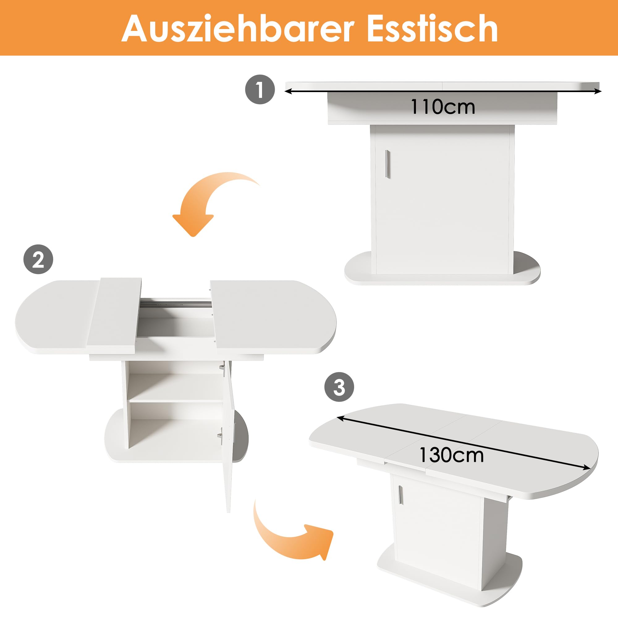 Esstisch Küchentisch Ovaler für 4-6 Personen, 110-130x70 cm, Weiß | Für Esszimmer Wohnzimmer, Esstisch Ausziehbar, Esszimmertisch mit Stauraum Regal und Türen, Modern Tisch mit Tischplatte