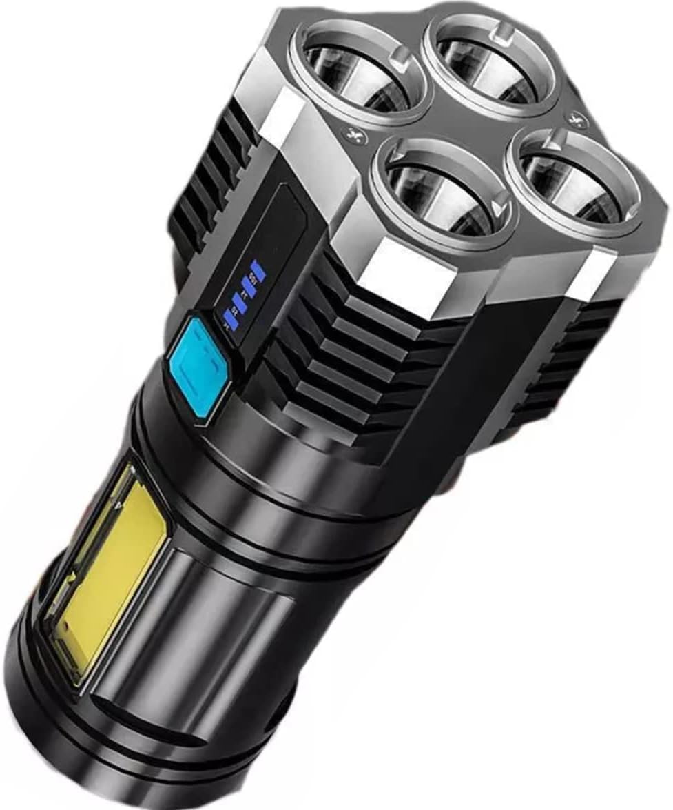 4-core Super Bright Flashlight LED Torch Strong Light USB Rechargeable Outdoor Multi-Function Lamp Tactical Camping Searchlight, Black-image-40