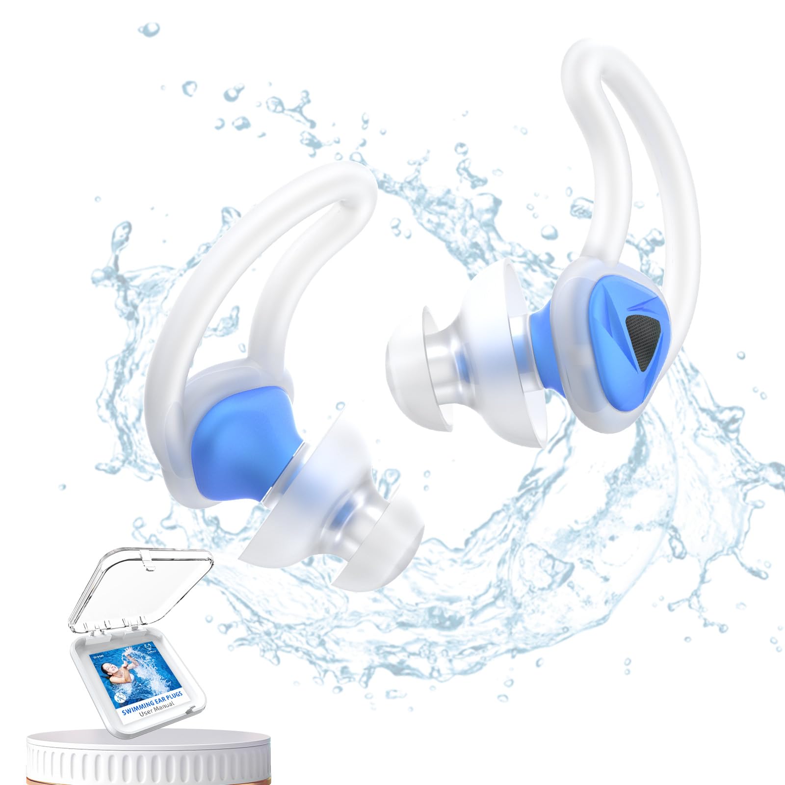 Ear Plugs for Swimming with Carry Box, Swimmers Earplugs for Adults Teens - Waterproof, Soft, Custom Fit, Water Protection Reusable Earbuds for Swim Pool Shower Bathing, Navy