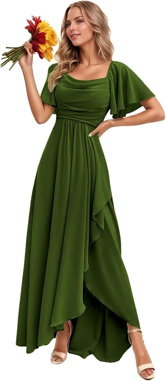 ALFEICE Flowy Chiffon Bridesmaid Dress for Women Ruffle Long Formal Wedding Guest Dresses with Slit