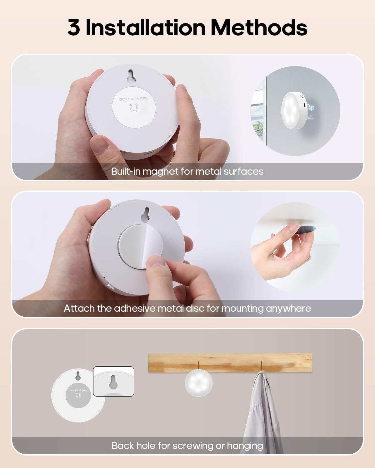 GOODEA.fun Éclairage d'armoire sans fil - Lot de 3 spots RGBW rechargeables avec télécommande et minuterie - LED sous meuble dimmable 13 couleurs - Lampe magnétique à batterie pour placard et vitrine