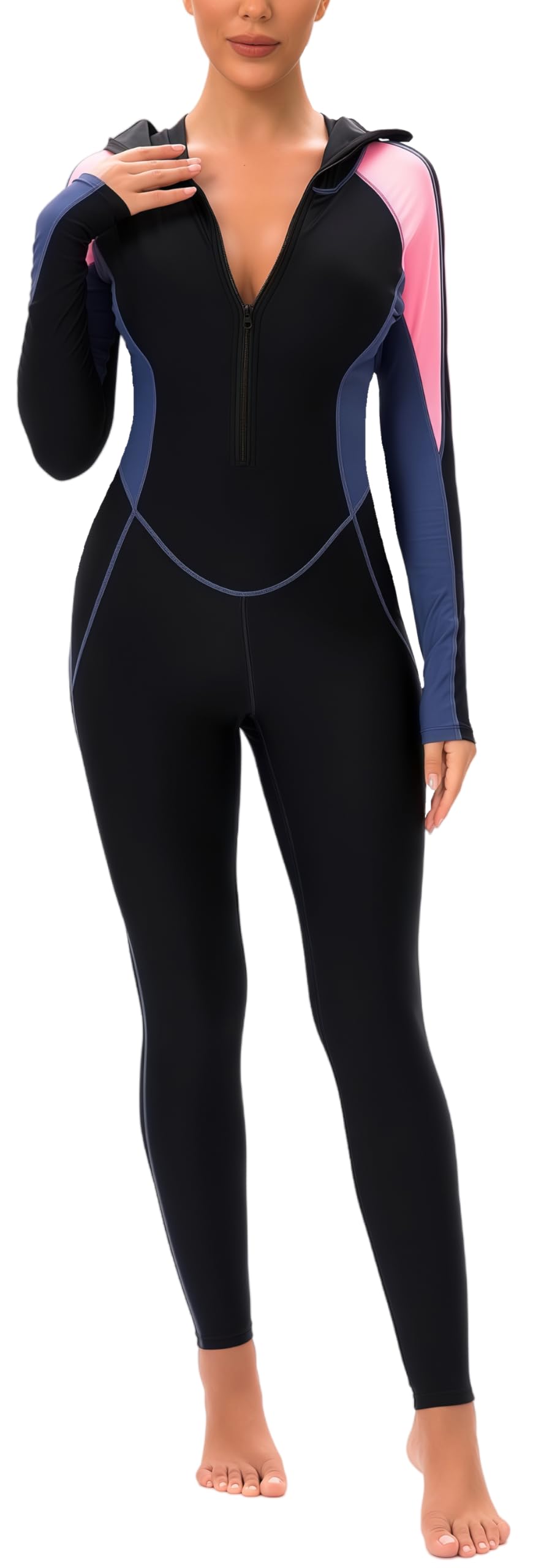 Full Body Scuba Rash Guard for Women Hooded Dive Skin One Piece Zip Up Diving Suit Long Sleeve Rashguard Pink XXL