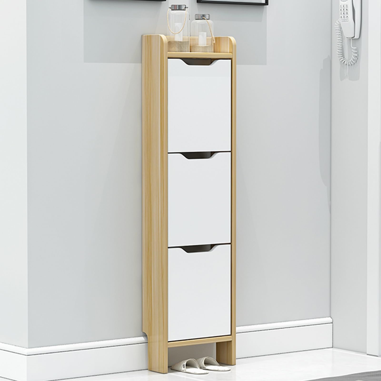 JDHSKCF Shoebox Walnut+White Shoe Cabinet with Doors – Slim Free Standing Tipping Bucket Shoe Rack Organizer for Entryway – 40cm/16in Narrow Shoe Storage Selfless dedication