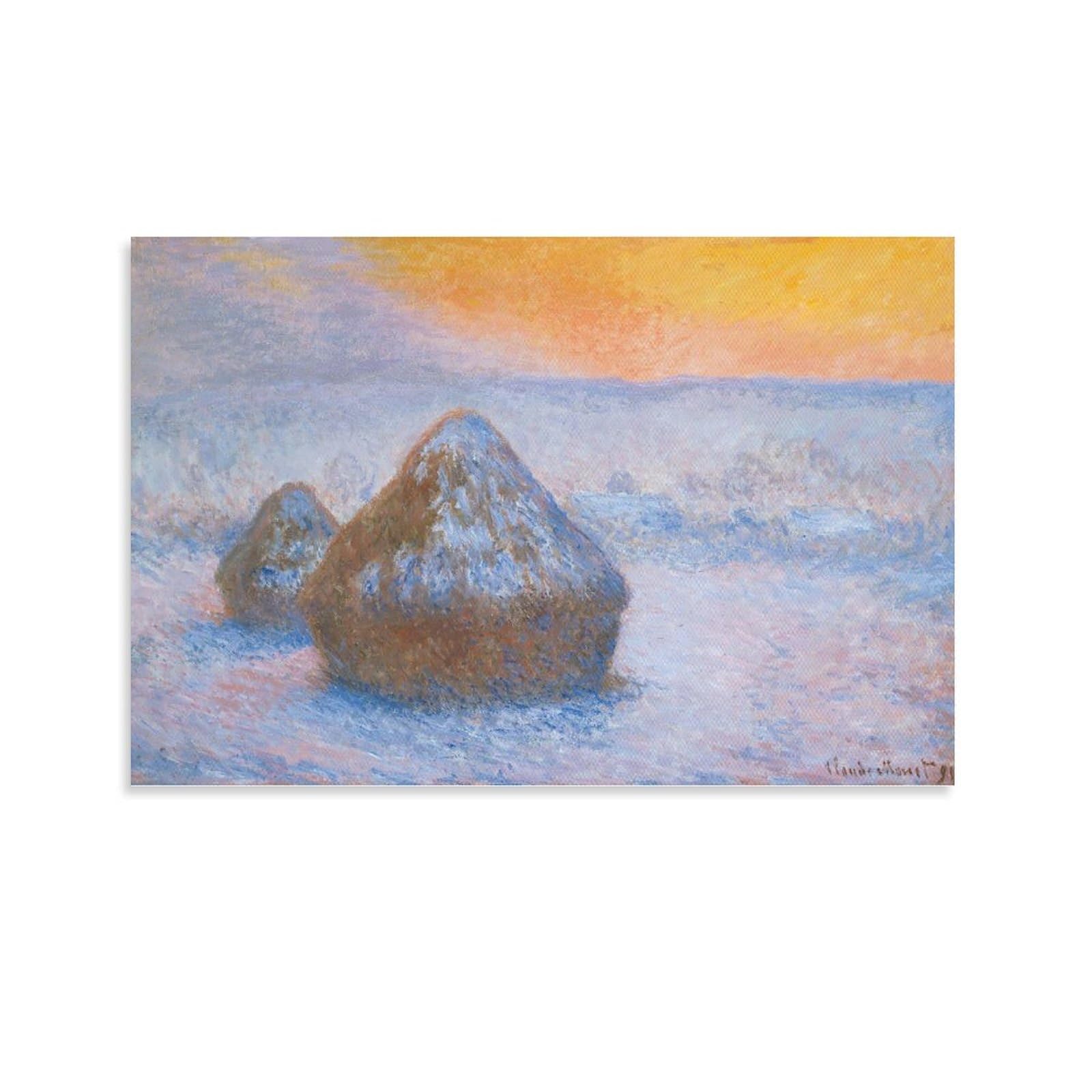 手書き油絵 クロード・モネ積みわら 雪の効果 額付 絵画 インテリア