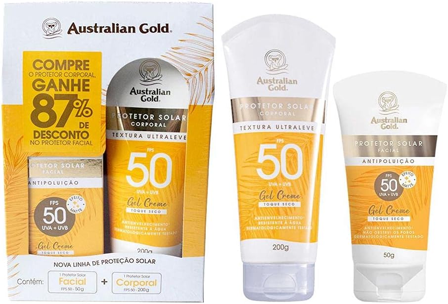AUSTRALIAN GOLD KIT PROTETOR SOLAR GEL CREME CORPORAL FPS50 200G E FACIAL FPS50 50G