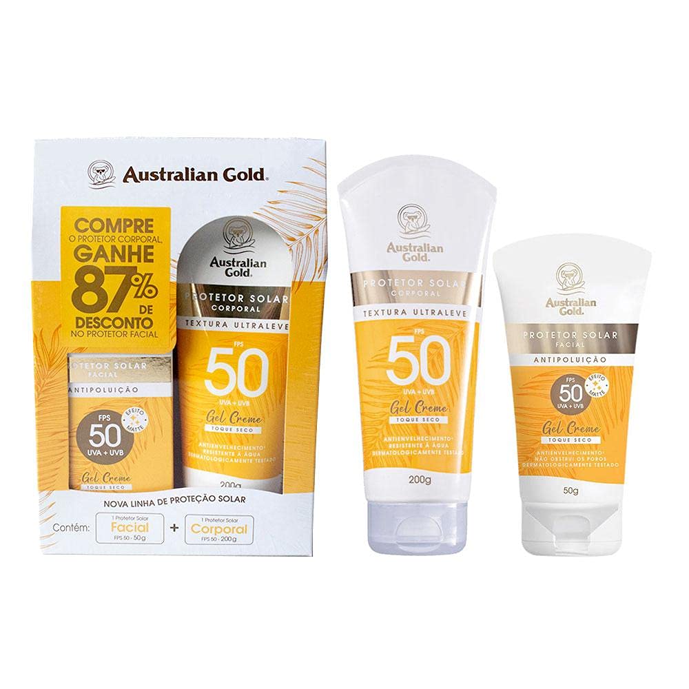 AUSTRALIAN GOLD KIT PROTETOR SOLAR GEL CREME CORPORAL FPS50 200G E FACIAL FPS50 50G em promoção! Veja a oferta e mais achadinhos de Corpo 2 Hoje é o melhor dia para comprar AUSTRALIAN GOLD KIT PROTETOR SOLAR GEL CREME CORPORAL FPS50 200G E FACIAL FPS50 50G com aquele preço maroto! Promoção! Aproveite a oferta! 2