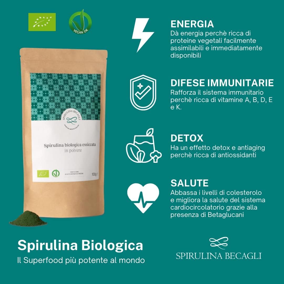 Severino Becagli Spirulina made in Tuscany Spirulina Becagli-Alga Spirulina Essiccata in Polvere-100% Biologica Made in Italy ricca di Ficocianina-Bio-Ok Vegan-Prodotto in Toscana (100 gr.)